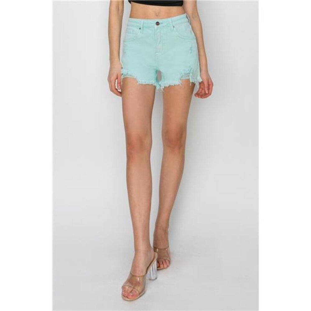 NWT RISEN Mid Waist Frayed Hem Denim Shorts in Mint, Slightly Stretchy - Picture 3 of 7
